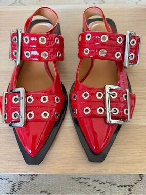 Ganni Feminine Buckle Ballerinas in Red